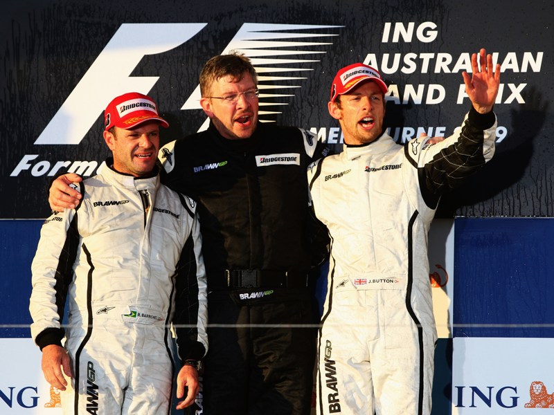 1249689807brawn gp podium jenson button, rubens barichello australia 2009