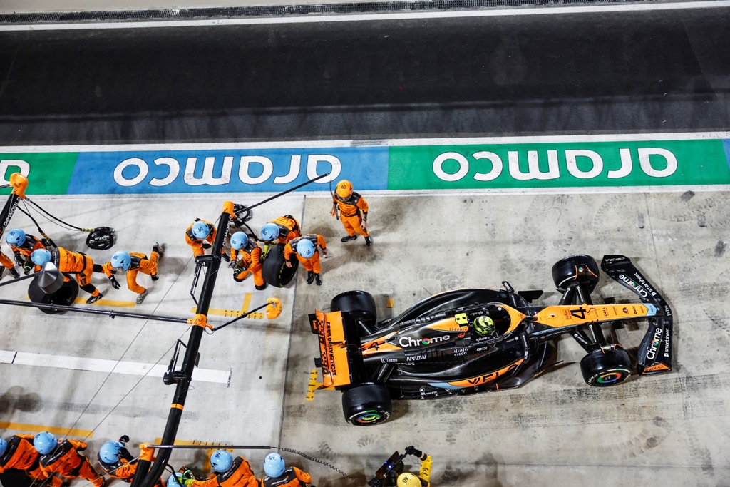 Lando Norris, McLaren MCL60, leaves his pit box after a stop