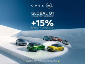 Графика с резултатите на Opel за първото тримесечие на 2026 г., показваща 15% ръст на продажбите и актуалната моделна гама на марката.