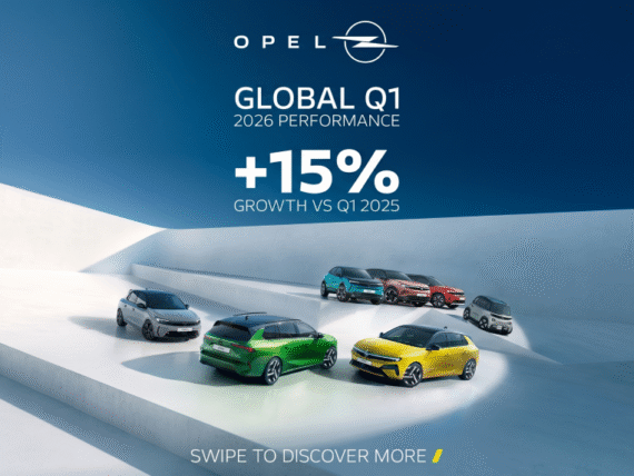 Графика с резултатите на Opel за първото тримесечие на 2026 г., показваща 15% ръст на продажбите и актуалната моделна гама на марката.