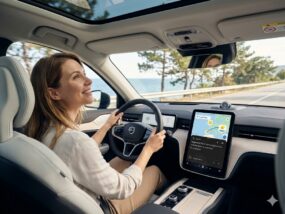 Жена шофира модерно Volvo по крайбрежен път, докато използва Google Gemini на централния екран за планиране на пътуване.
